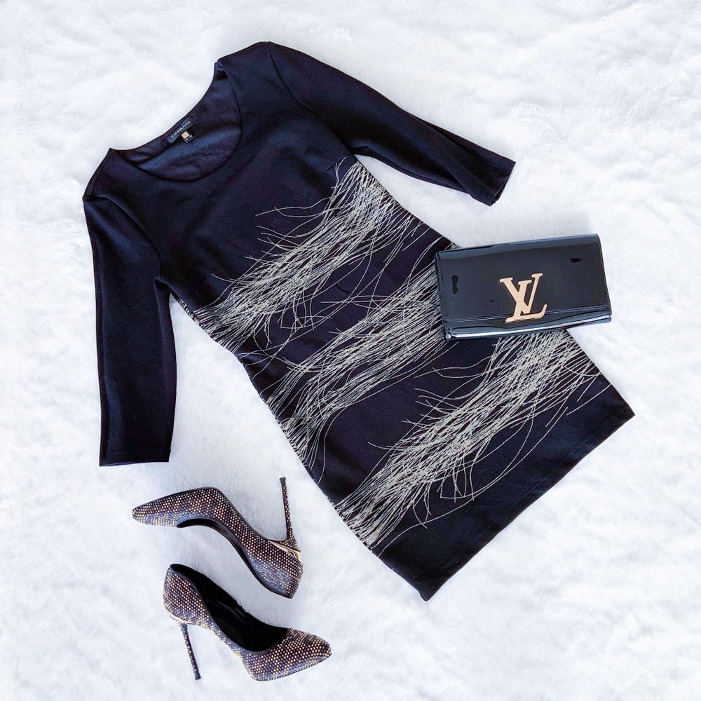 $199 | Waggon Paris | fashion little black stretch dress gold accents 3/4 sleeve